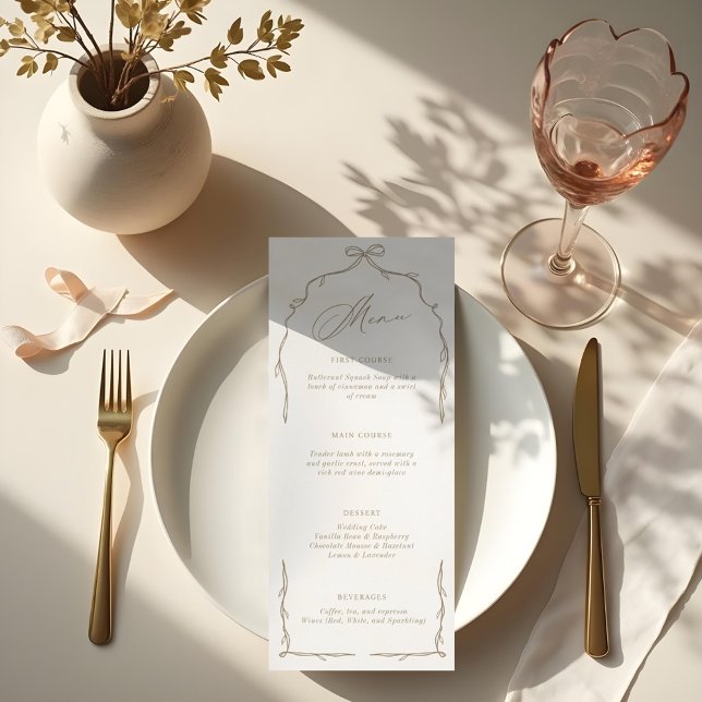 Menú Elegante Boda beige de cebo y cinta dibujado a man (Elegant Beige Hand Drawn Bow & Ribbon Wedding Menu)