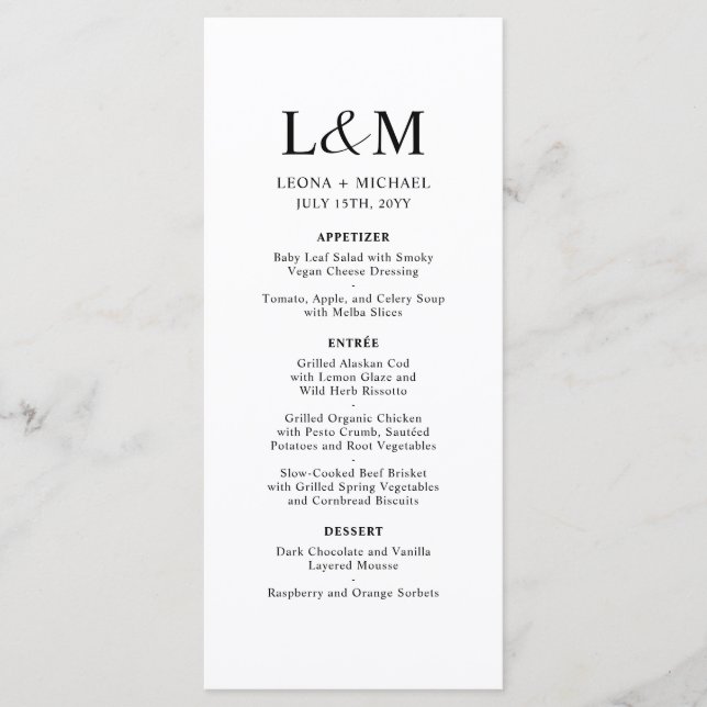 Menú Elegante Boda blanco monograma Minimalista (Anverso)