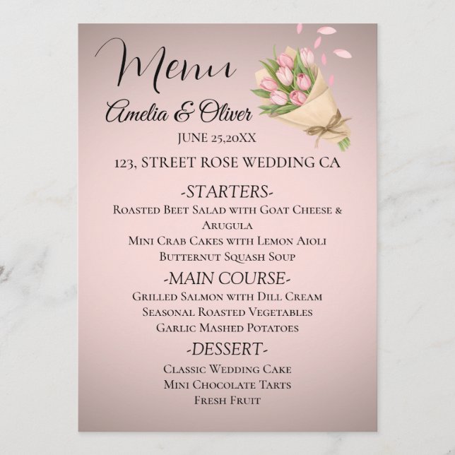 Menú Elegante Boda Bouquet de Tulipanes Rosados (Anverso)