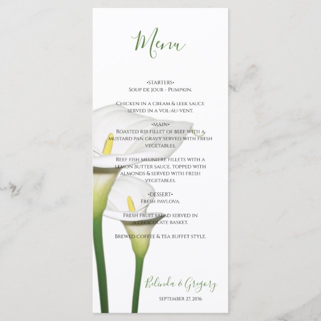 Menú Elegante Boda Calla Lilies Blanco (Anverso)