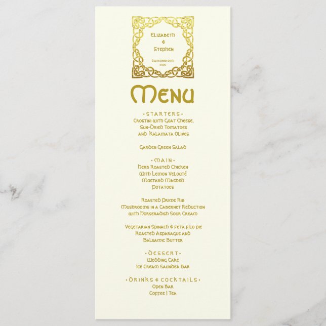 Menú Elegante Boda celta Ivory Faux Gold Celtic Knot (Anverso)