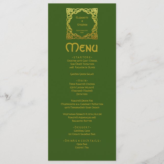 Menú Elegante boda celta Verde Nudo celta falso dorado (Anverso)