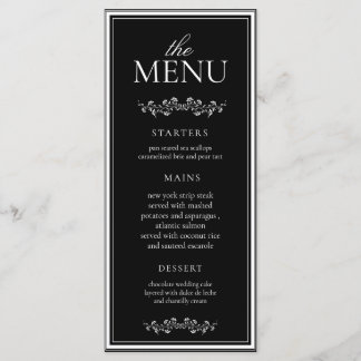 Menú Elegante Boda Clásica en Blanco y Negro