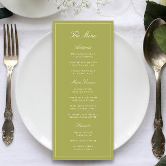 Menú Elegante Boda con Letra Script Verde Oliva
