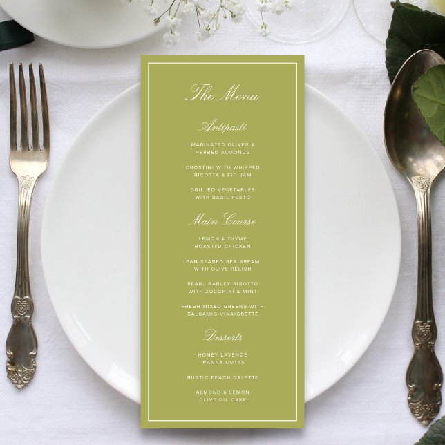 Menú Elegante Boda con Letra Script Verde Oliva (Elegant olive green wedding menus present your dining details with timeless charm.)