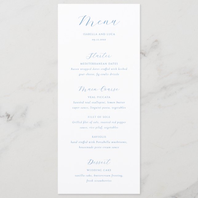 Menú Elegante Boda Costera Chic de Azul y Blanco (Anverso)
