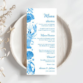 Menú Elegante Boda Costera de Acuarela Azul de Mariscos