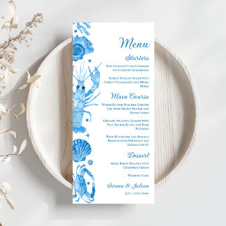 Menú Elegante Boda Costera de Acuarela Azul de Mariscos