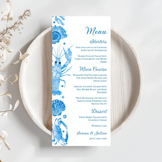 Menú Elegante Boda Costera de Acuarela Azul de Mariscos (Elegant Blue Watercolor Coastal Seafood Wedding Menu)
