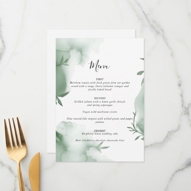 Menú Elegante Boda de Acuarela con Verde de Eucalipto (Anverso/Reverso In Situ)