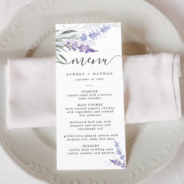 Menú Elegante Boda de acuarela de lavanda (Elegant Lavender Watercolor Wedding Menu)