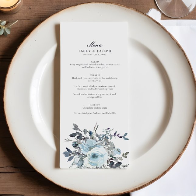 Menú Elegante Boda de acuarela floral azul (Subido por el creador)
