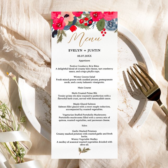 Menú Elegante Boda de acuarela floral de invierno rústi (Rustic Elegant Winter Floral Watercolor Wedding Menu)