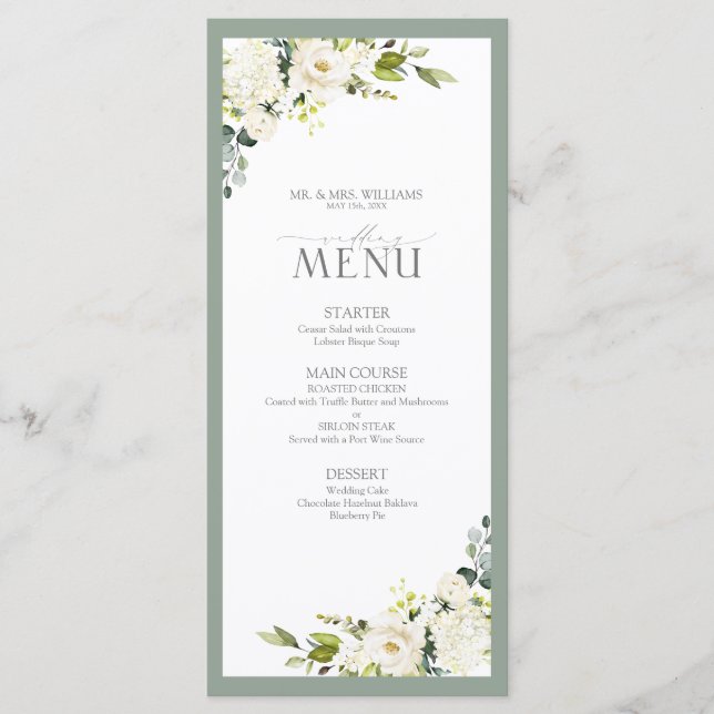 Menú Elegante Boda de acuarela verde gris gris verde (Anverso)