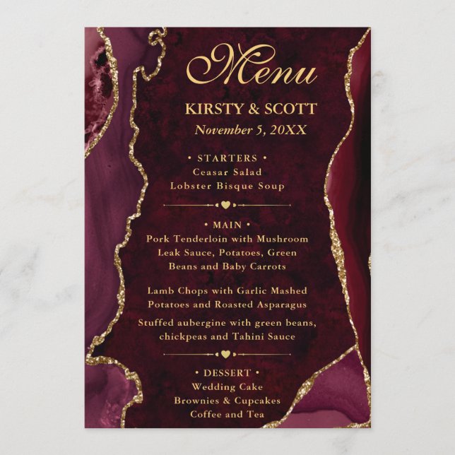 Menú Elegante Boda de Agata con Brillo Rojo y Dorado (Anverso)