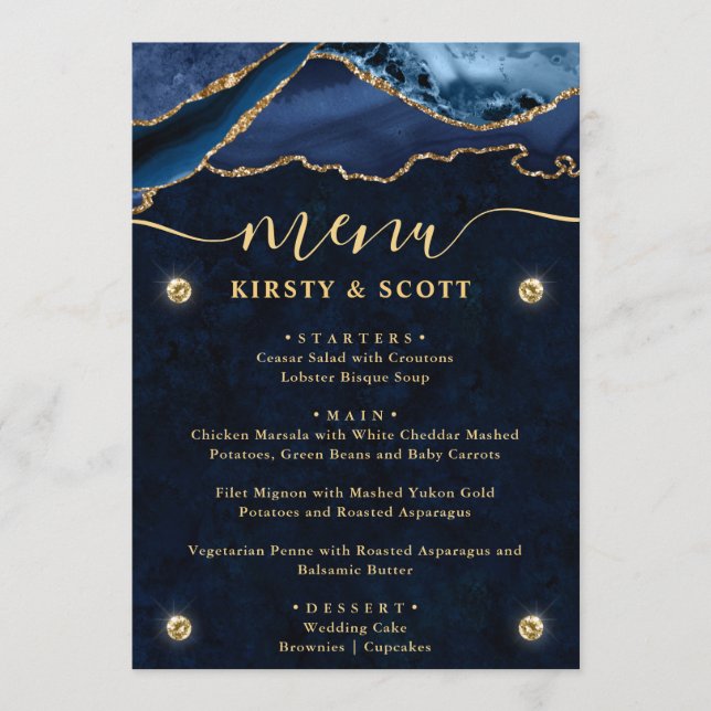 Menú Elegante boda de ágata falsa azul y dorado (Anverso)