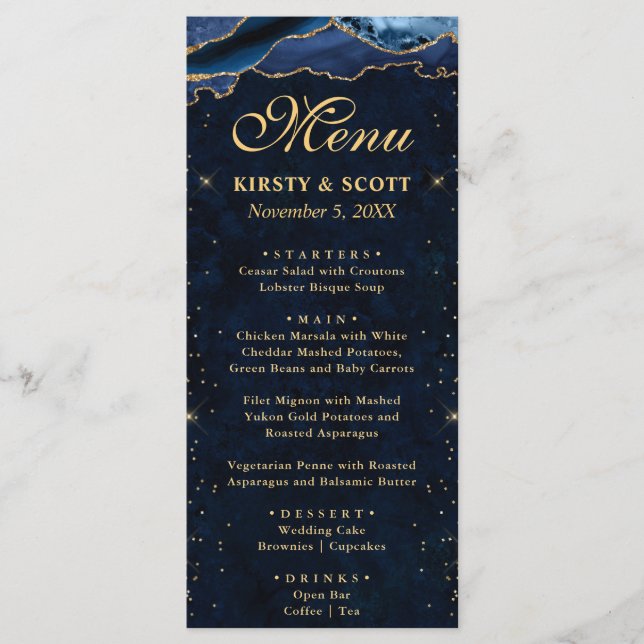 Menú Elegante boda de ágata falsa brillo azul y dorado (Anverso)