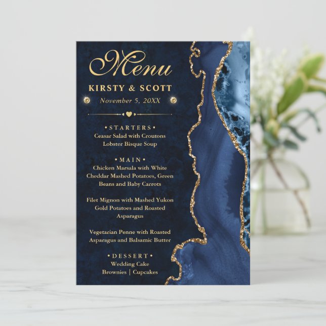 Menú Elegante boda de ágata falsa brillo azul y dorado (Anverso de pie)