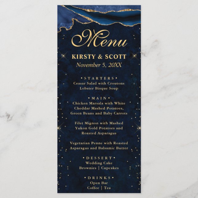 Menú Elegante boda de ágata falsa de brillo azul y dora (Anverso)