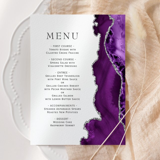 Menú Elegante boda de ágata plateada púrpura (Subido por el creador)