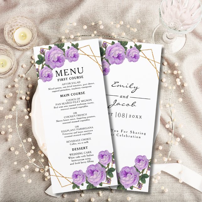 Menú Elegante Boda de Boho de Floral Purple Geométrica  (Elegant Gold Geometric Purple Floral Boho Wedding Menu Cover)