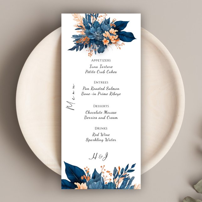 Menú Elegante Boda de Boho floral de óxido índigo (Elegant Indigo Rust Floral Boho Wedding Menu)