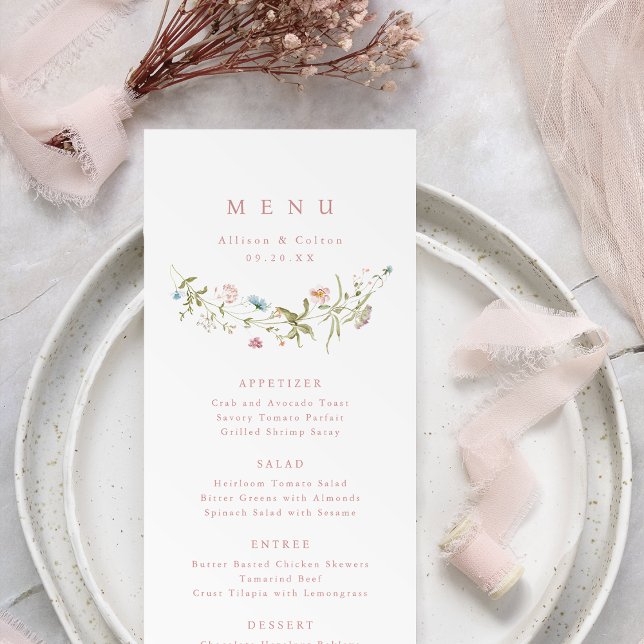 Menú Elegante Boda de Boho Rústico de Flor Silvestre Ro (Elegant Dusty Pink Wildflower Rustic Boho Wedding Menu)