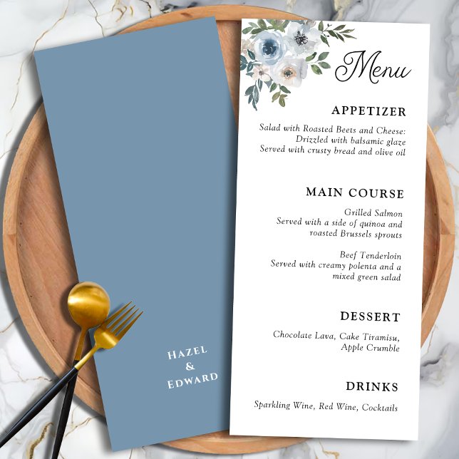 Menú Elegante Boda de caligrafía floral azul turquesa (Elegant Dusty blue Floral Calligraphy Wedding Menu)