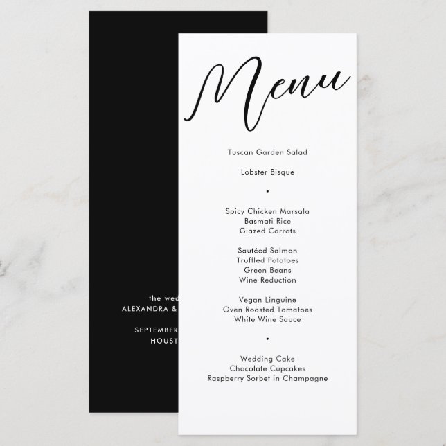 Menú Elegante Boda de caligrafía floreciente negra (Anverso / Reverso)