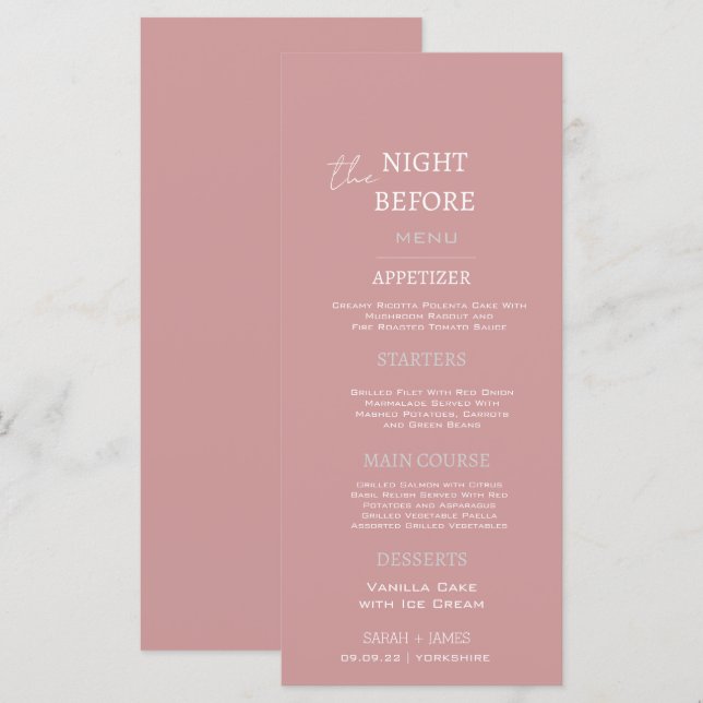 Menú Elegante Boda de cena de ensayo blanco rosado y po (Anverso / Reverso)