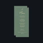 Menú Elegante Boda De Cenas En El Jardín De Boho Verde<br><div class="desc">Elegante menú verde y Minimalista dorado Boda Carta elegante y elegante boda de moda dorada y verde. En él se exponen obras de arte lineal rústico eucalipto hoja de oro y fondo de boho verde salado esmeralda con nombres de marido y mujer y fecha. En tipografía de escritura dorada. Personalizar...</div>