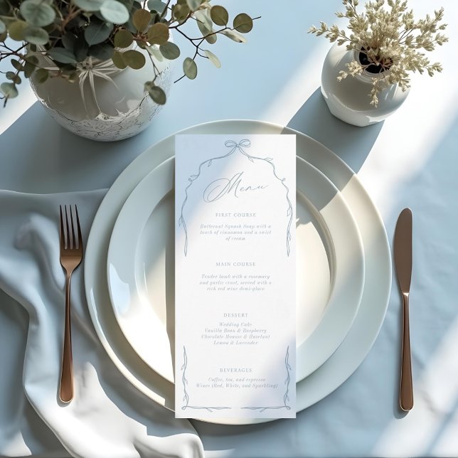 Menú Elegante Boda de cinta y paro dibujado de mano azu (Elegant Blue Hand Drawn Bow & Ribbon Wedding Menu)