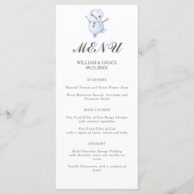 Menú Elegante boda de copos de nieve de invierno Wonder (Anverso)