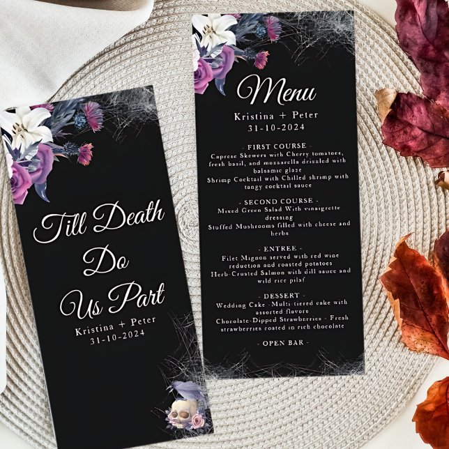 Menú Elegante Boda de cráneo floral gótico morado negro (Subido por el creador)