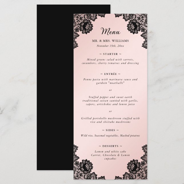 Menú Elegante Boda de encaje floral negro y rosa (Anverso / Reverso)