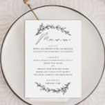 Menú Elegante boda de escritura floral botánica simple<br><div class="desc">Elegante menú floral en blanco y negro con un sencillo guión para la boda botánica en el jardín. Apropiado para cumpleaños / aniversario / cena de ensayo / ducha de novia / fiesta de soltera.</div>