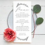 Menú Elegante boda de escritura floral botánica simple<br><div class="desc">Elegante menú floral en blanco y negro con un sencillo guión para la boda botánica en el jardín. Apropiado para cumpleaños / aniversario / cena de ensayo / ducha de novia / fiesta de soltera.</div>