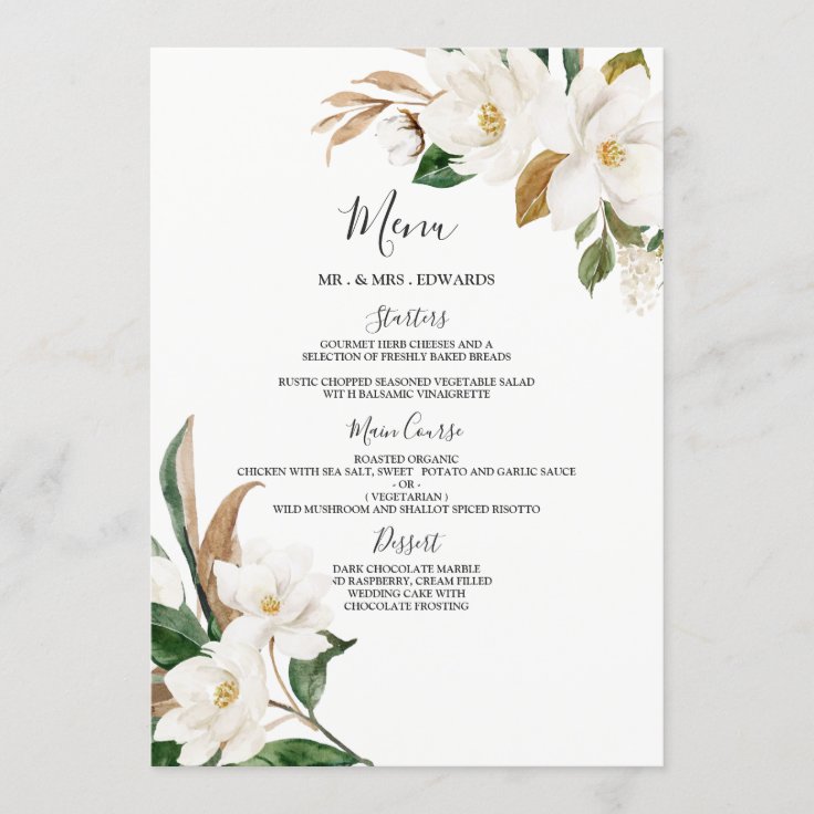 Menú Elegante Boda de Flores Blancas o Fiesta de Cena Menú Elegante Boda de Flores Blancas o Fiesta de Cena