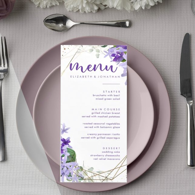 Menú Elegante Boda de Flores Geométricas de Oro Púrpura (Subido por el creador)