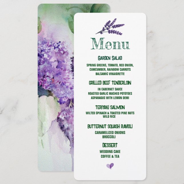Menú Elegante Boda de Flores Lilac (Anverso / Reverso)