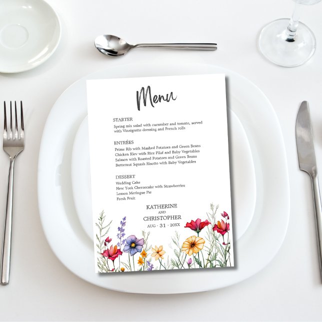 Menú Elegante Boda de flores silvestres coloridas (Elegant Colorful Watercolor Wildflowers Wedding Menu with Menu Options, Pink Purple Yellow Flowers.)