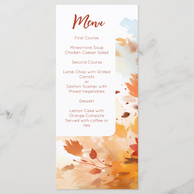 Menú Elegante boda de follaje de acuarela de otoño (Anverso)