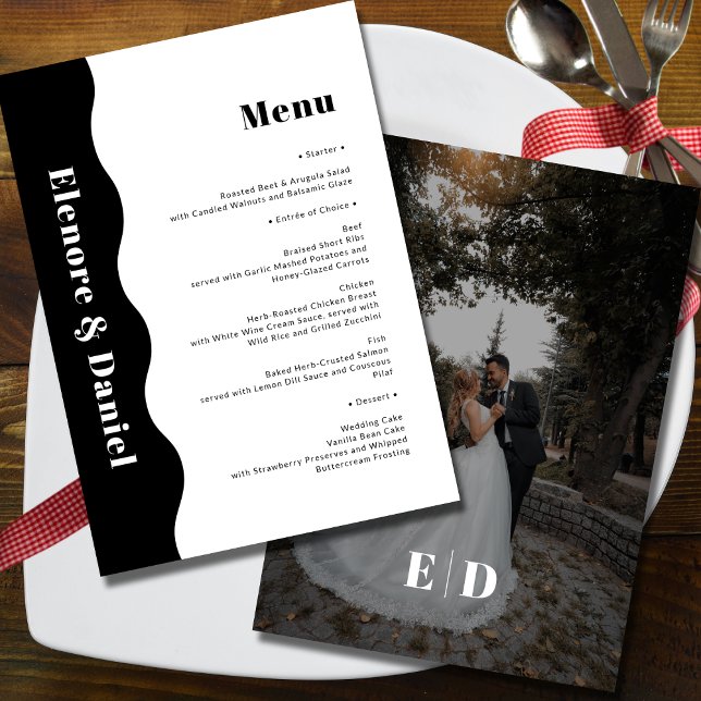 Menú Elegante Boda de fotografía de onda lateral blanca (Elegant Black and White Side Wave Photo Wedding Menu)