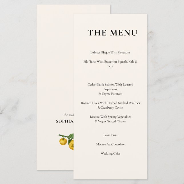 Menú Elegante Boda de frutas de cítricos delgados de ép (Anverso / Reverso)