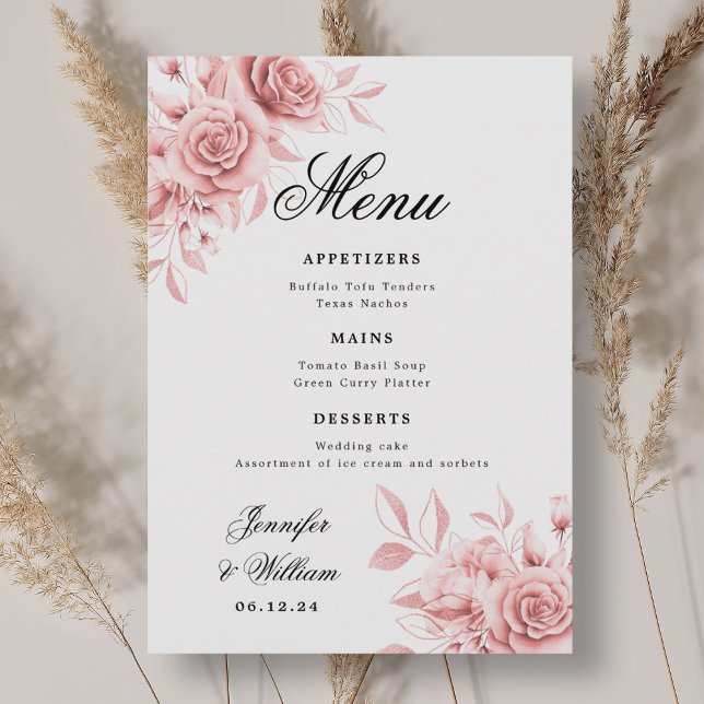 Menú Elegante Boda de guión Rubor Floral rosa rosa rosa (Elegant Script Wedding Blush Pink Rose Floral Menu)