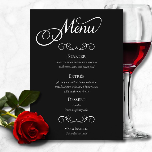 Menú Elegante Boda de guiones de caligrafía blanca y ne (chic elegant black and white script calligraphy wedding dinner menu, engagement party menu)