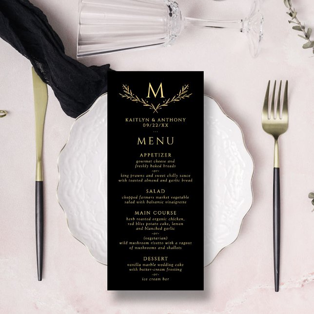 Menú Elegante Boda de guirnaldas de monograma negro y o (Subido por el creador)