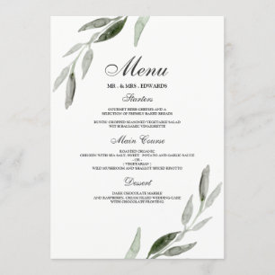 Menú Elegante Boda de hoja verde acuarela
