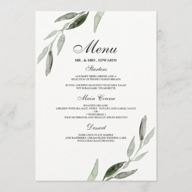 Menú Elegante Boda de hoja verde acuarela (Anverso)