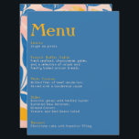 Menú Elegante boda de hojas azul y amarillo<br><div class="desc">Impresa con los cursos de moda de su evento, fuentes fáciles de leer, esta tarjeta le da un toque elegante de inspiración natural a cada mesa. El audaz y colorido patrón de fondo aporta un elemento adicional de sofisticación, lo que lo convierte en una elección perfecta para bodas boho, minimalistas...</div>